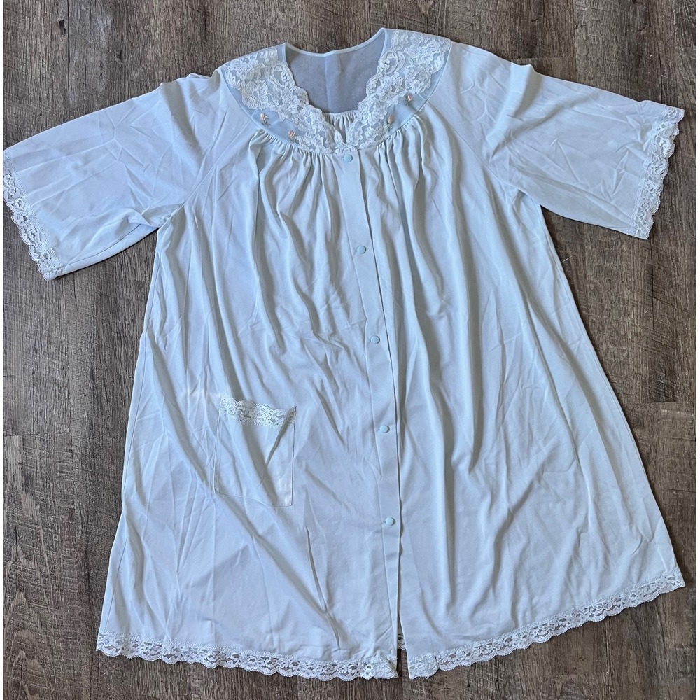 Vintage Shadowline Size L Floral Embroidered Nightgown Housecoat Dusty Blue USA